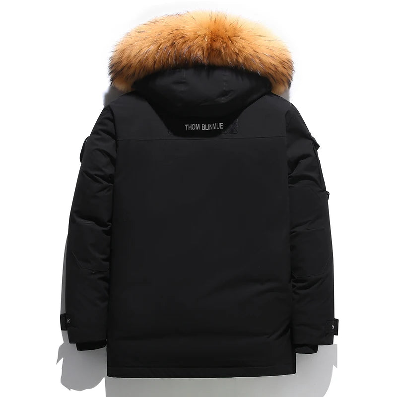 Black Down Jacket 2024 Winter Lined White Duck Down Hooded Fur Collar Jacket Casual Fashion Thick Warm Embroidered Design Parka