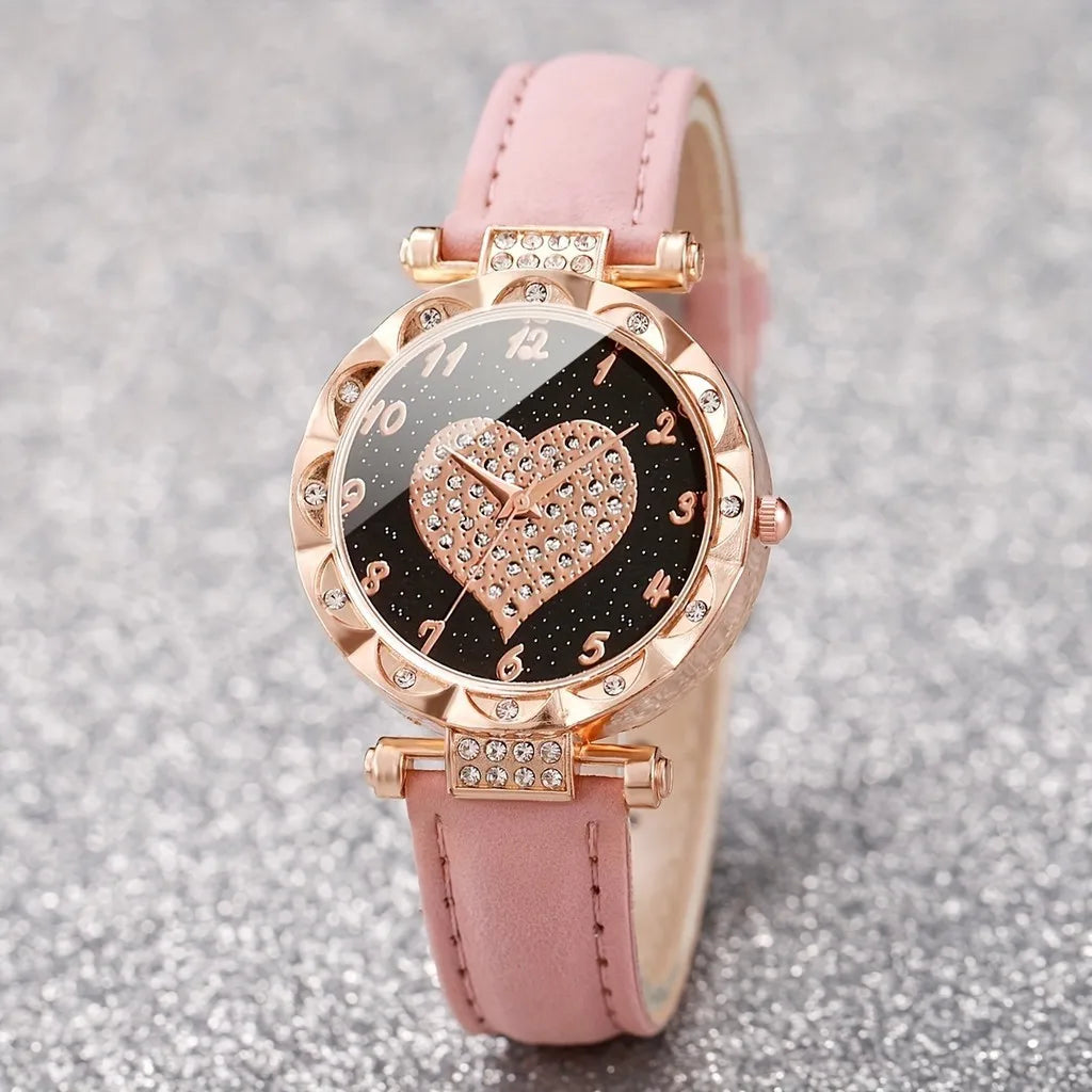 Kegllect 5PCS Women Quartz Watch Set for Gift Heart Shaped Rhinestone Accessories   Mother Her