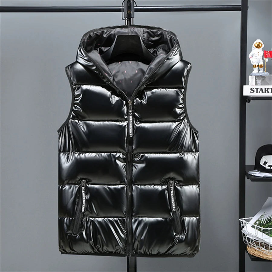 2025 New Men Winter Vests Hooded Glossy Cotton Padded Sleeveless Coat Male Waterproof Thick Warm Waistcoat Men's Clothing 6XL