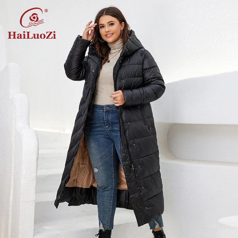 HaiLuoZi  New Winter Women's Jackets Plus Size Mid-length Thick Hood Warm Zipper Belt Classic Casual Women Coat Parkas 6037