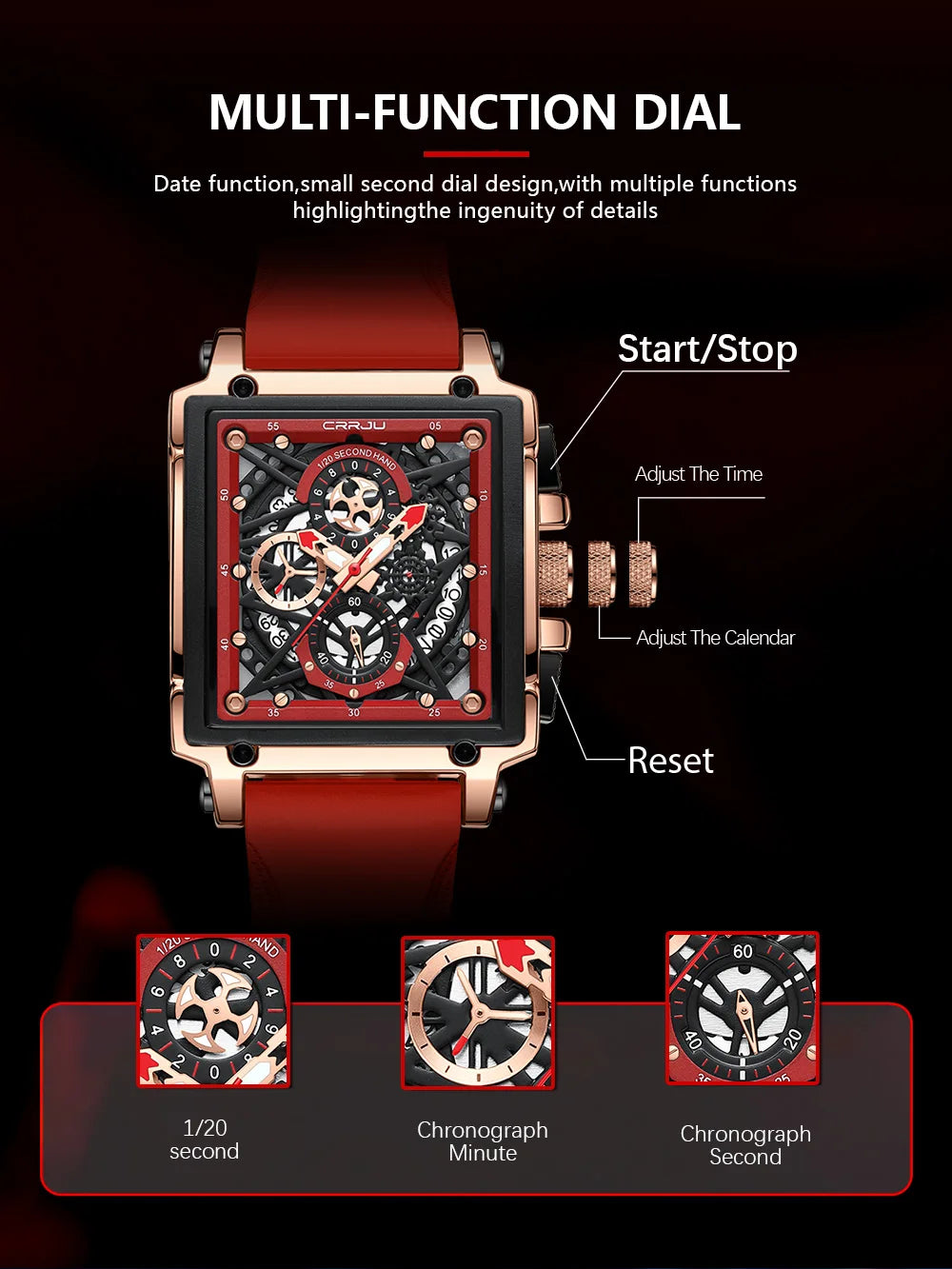 CRRJU Fashion Sports Watches with Large Dial Unique RectangularHollow Design Quartz Wristwatches with Chrongraph Auto Date