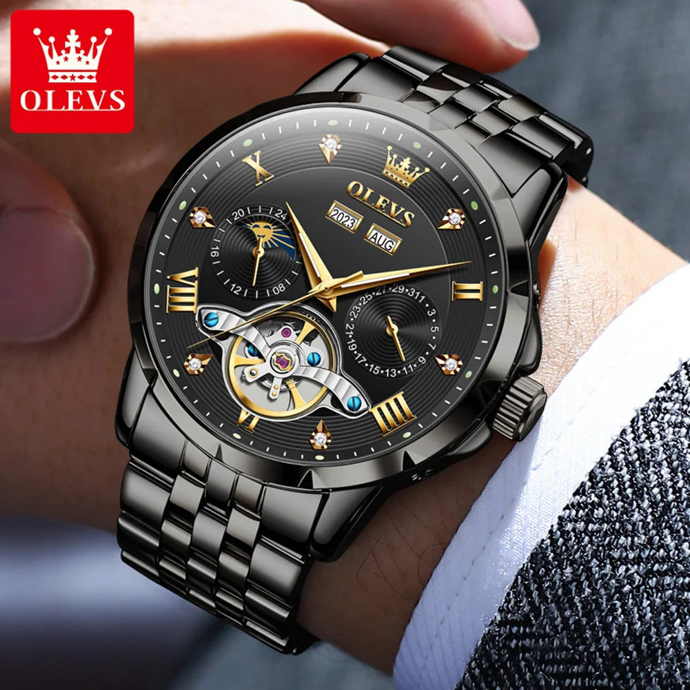 OLEVS 6691 Men's Automatic Mechanical Wristwatch Luxury Skeleton Flywheel Design Moon Phase Waterproof Original Brand Man Watch