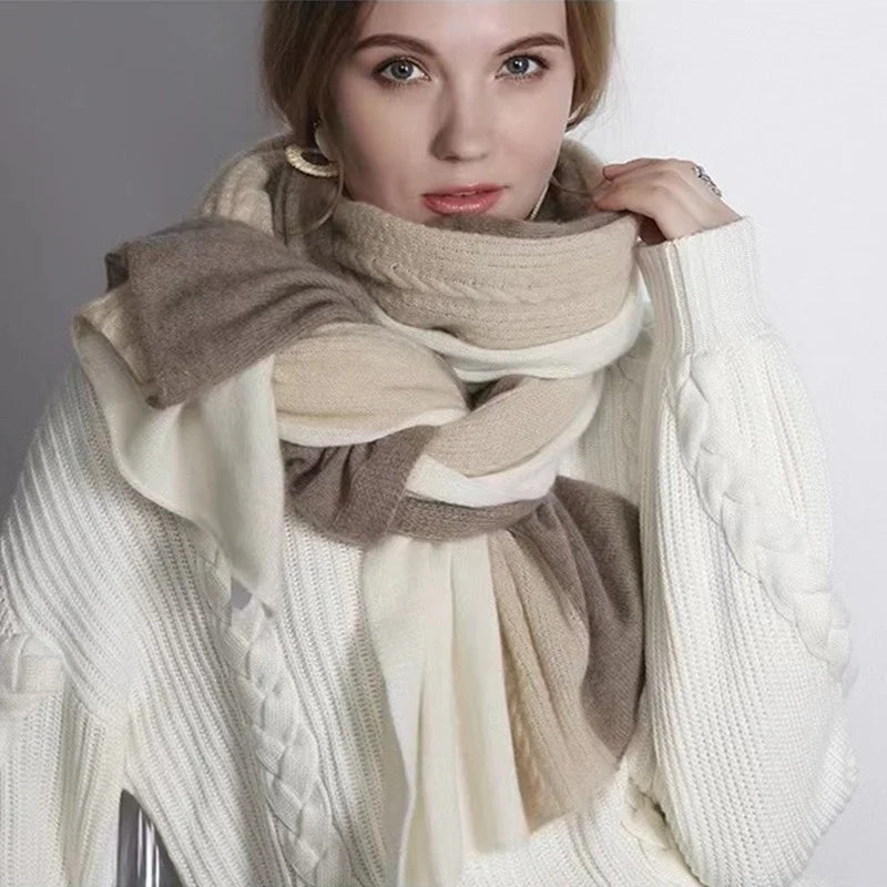 Spring New Three Color Patchwork Pure Wool Scarf, Fashionable and Versatile Shawl, Lengthened and Enlarged Scarf