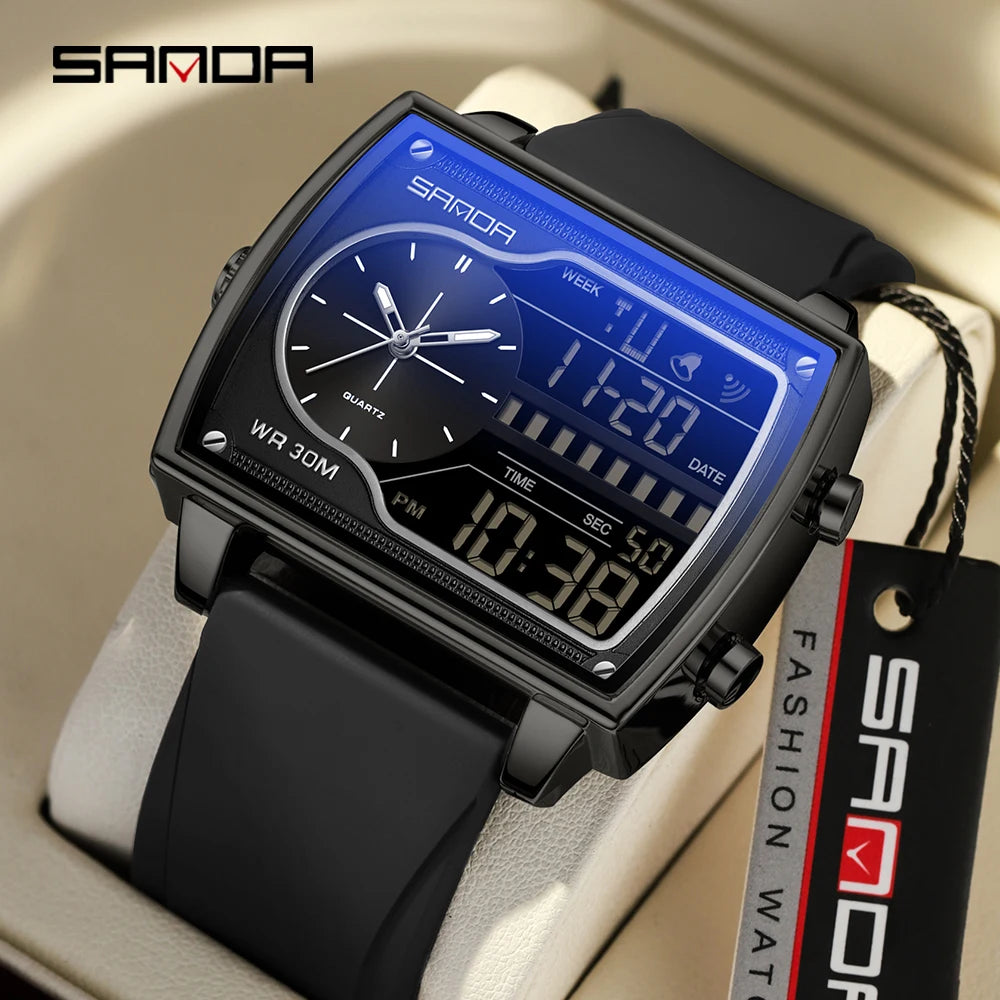 SANDA 6163 Men's Quartz Electronic Square Double Screen Watch Waterproof Countdown Quartz Steel/Leather/Rubber Band Men's Watch