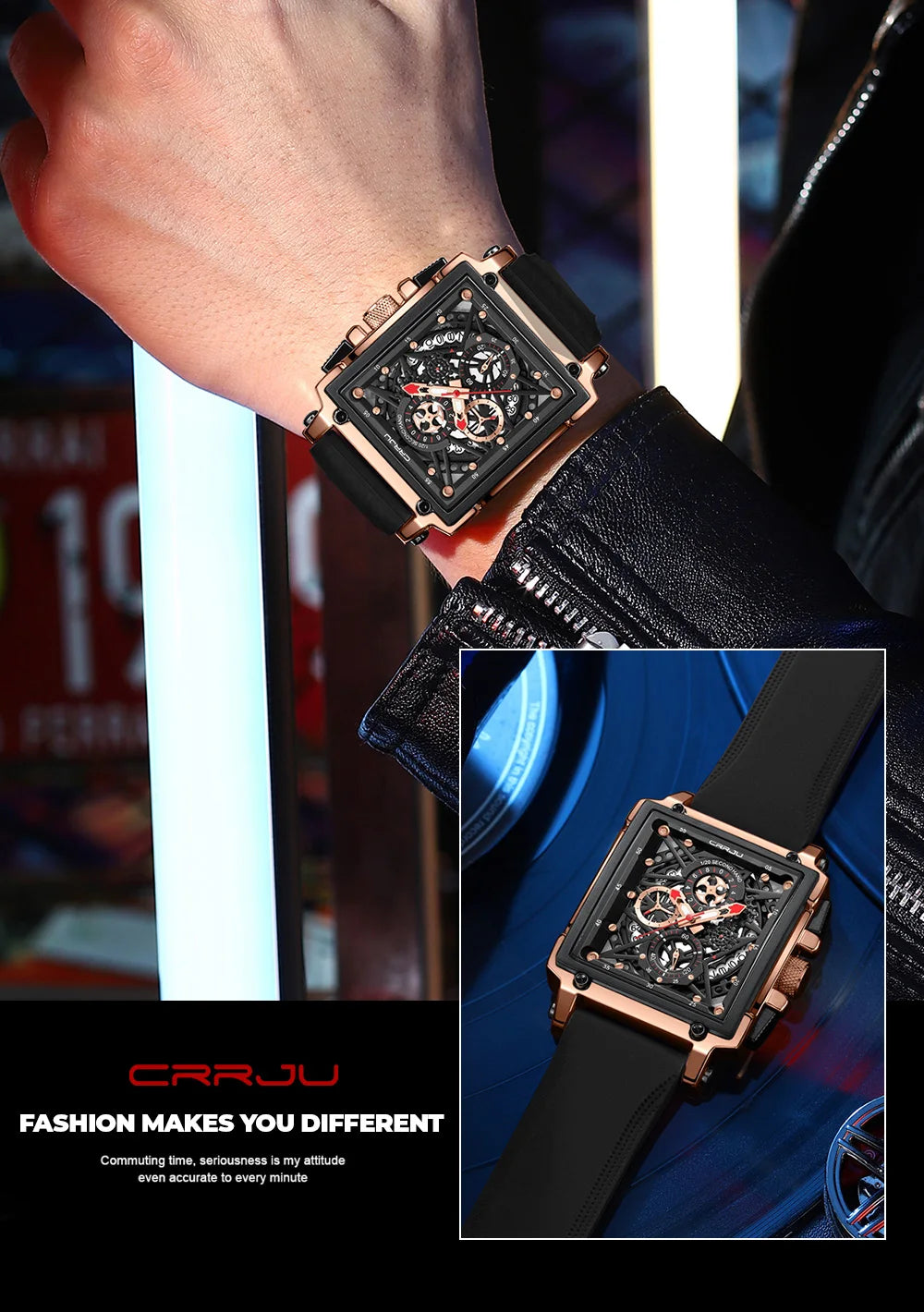 CRRJU Fashion Sports Watches with Large Dial Unique RectangularHollow Design Quartz Wristwatches with Chrongraph Auto Date