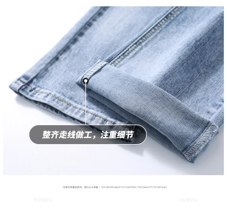 OUSSYU Brand Clothing Jeans Men High Quality Stretch Light Blue Denim Fashion Pleated Retro Pocket Skinny Trousers Pants 28-40