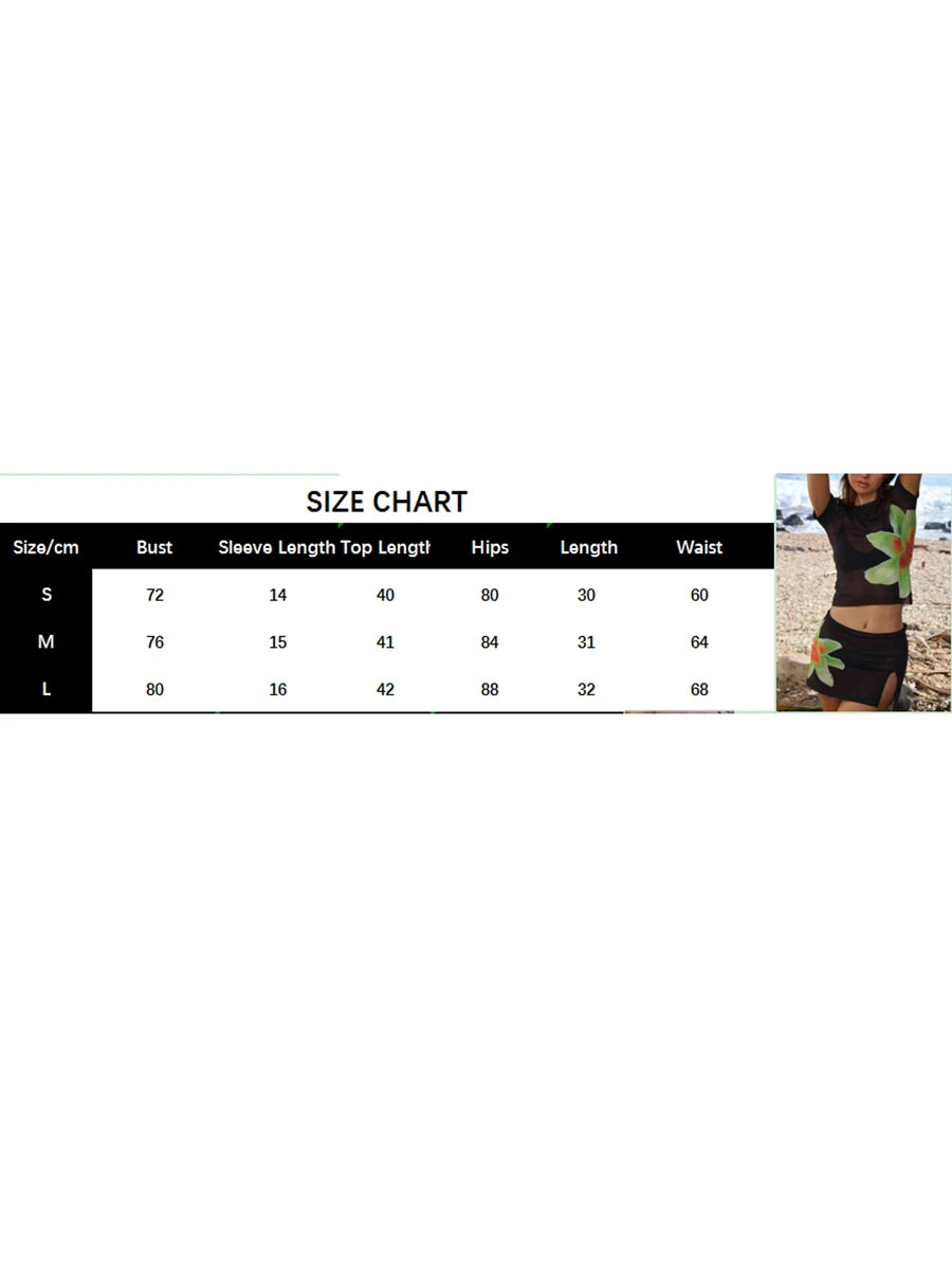 Women Y2K 2pcs Traf Summer Floral Print Outfits Set Sheer Mesh Short Sleeve T-shirt and Mini Skirt Streetwear