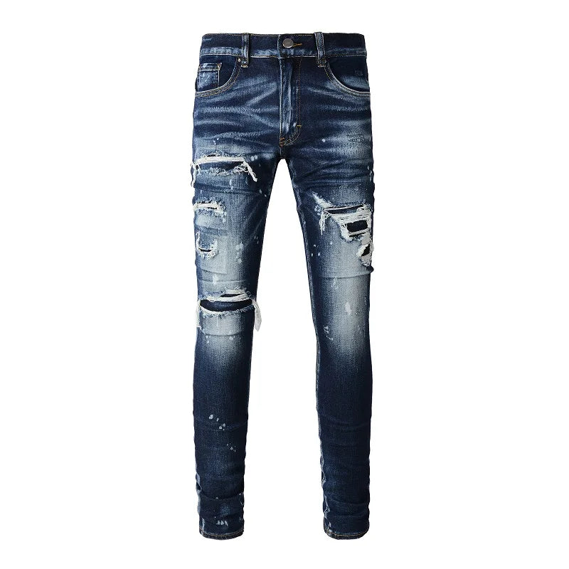 Men Holes Patchwork Denim Jeans Streetwear Dark Blue Stretch Pants Painted Skinny Tapered Trousers