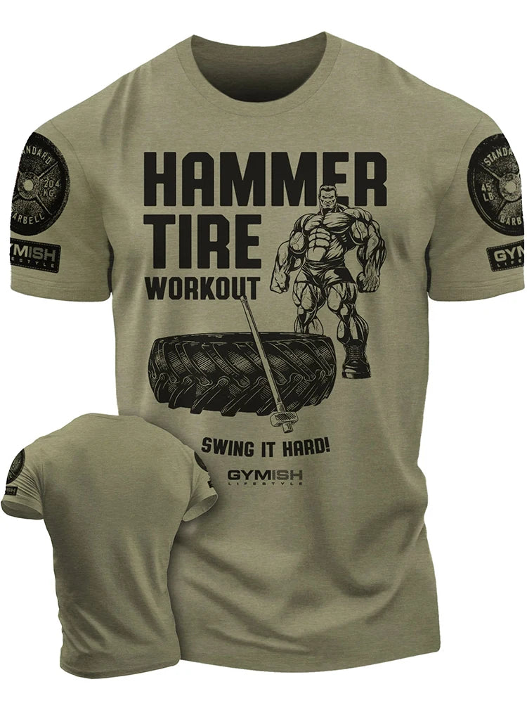 3D Printed Hammer Tire Workout T-Shirt Funny Gym T-Shirt High Quality Cotton Men's Short Sleeves Muscle Man Tough Guy T-Shirt