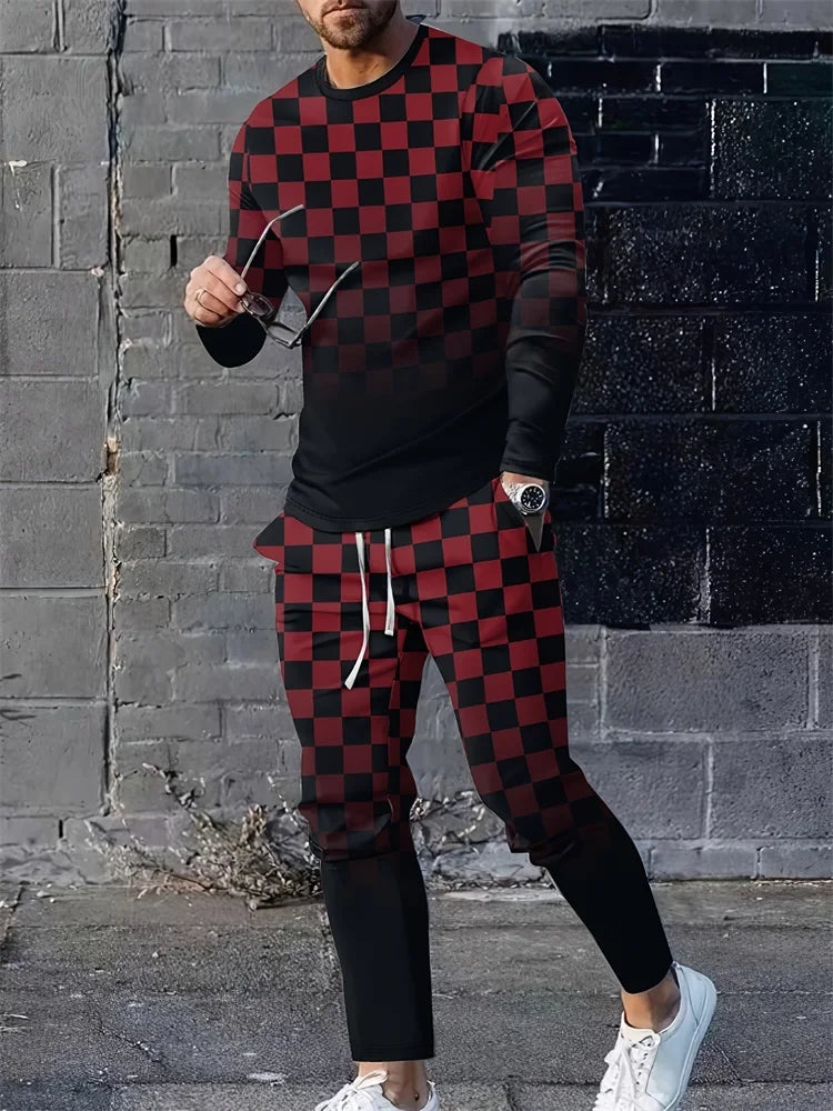 Patchwork Color Block Printed Men's Fashion Long Sleeve T-shirt New Spring And Autumn Men's Sets Daily Casual Men's Long Pants