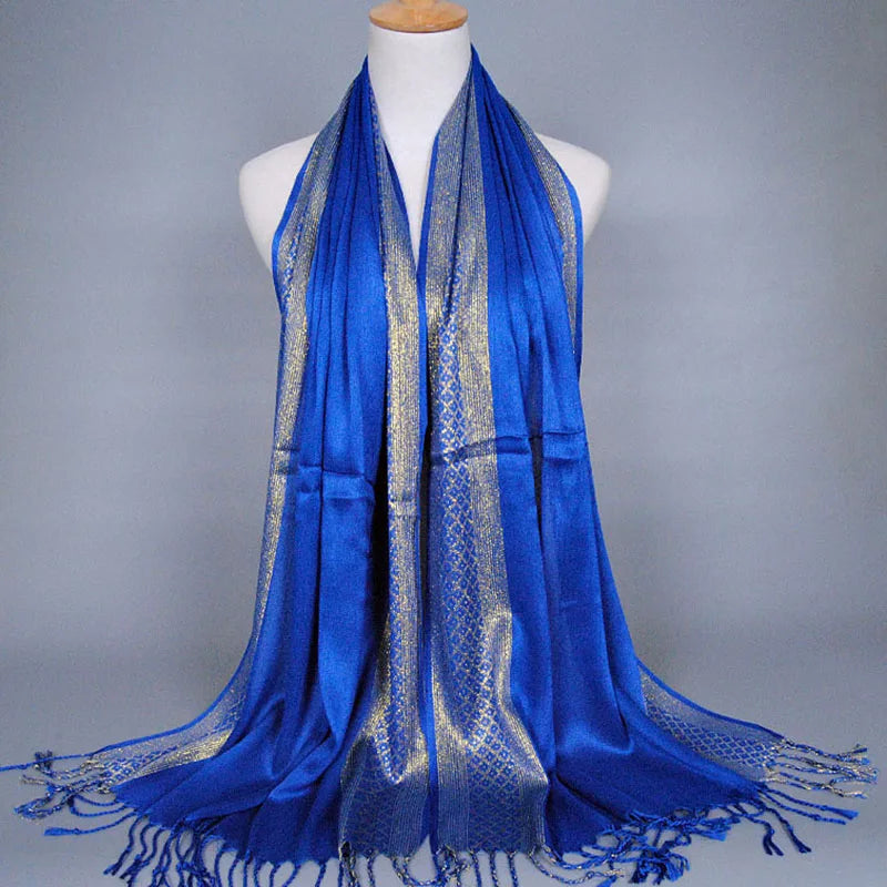 Fashion Gold Thread Tassel Shawl Wrap Shining Hijab Scarf Party Color Contrast Stoles Women Shimmer Scarves Hijab Pashmina