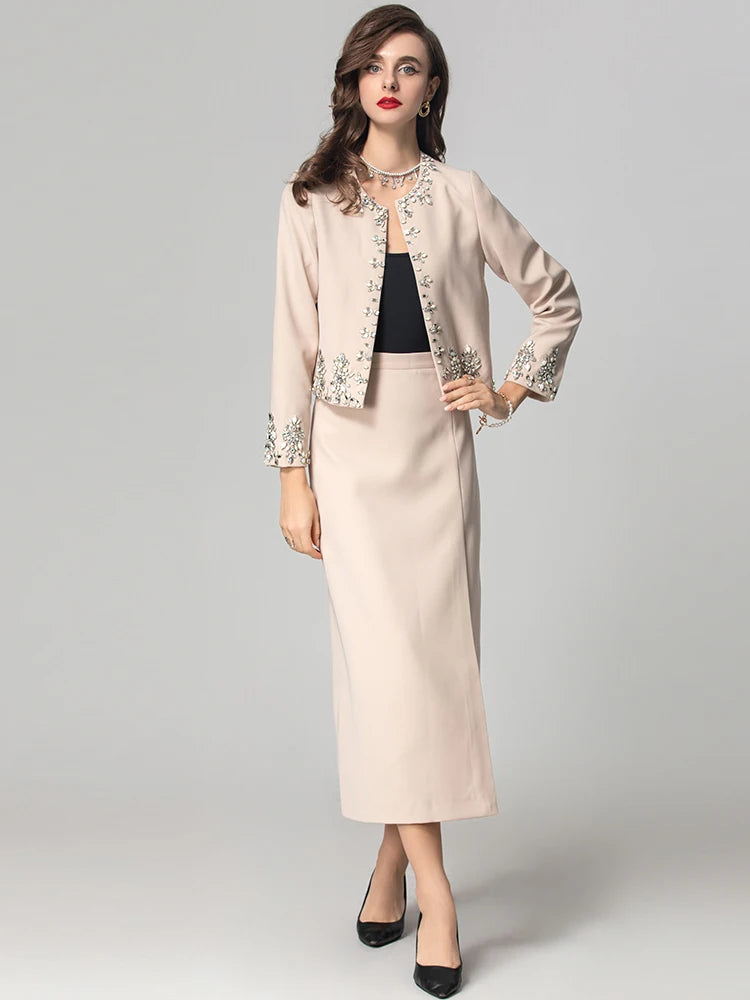 Seasixiang Women O-Neck Long Sleeves Diamonds Jacket+Split Long Pencil Skirt Office Lady Two Piece Set Fashion Autumn Female New