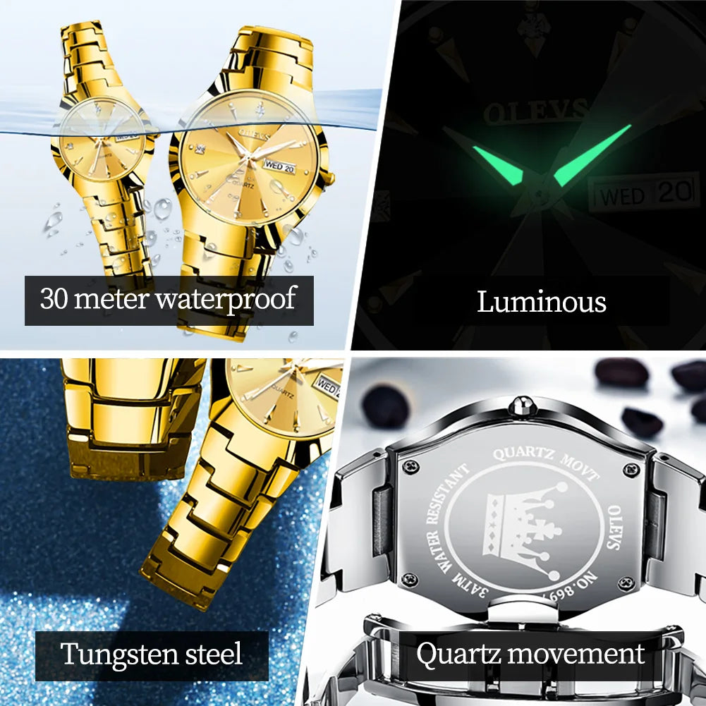 OLEVS Wolfram stahl herren Uhr Luxus Wasserdicht Leuchtende Original Quarz Business Woche Kalender Dress Watch Für Männer Original