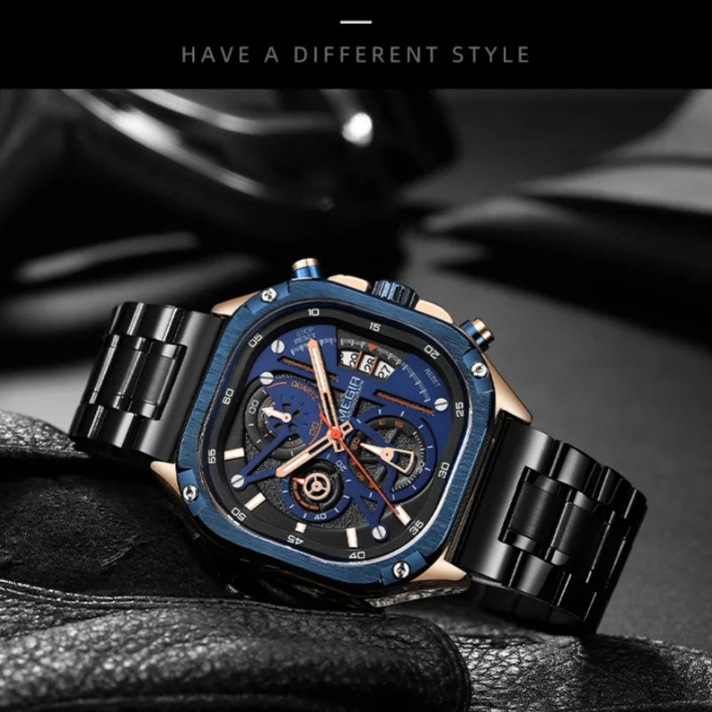 MEGIR 2217 Men Quartz Watch Creative Design Square Dial Chronograph Waterproof Stainless Steel Strap Luminous Date Wristwatch