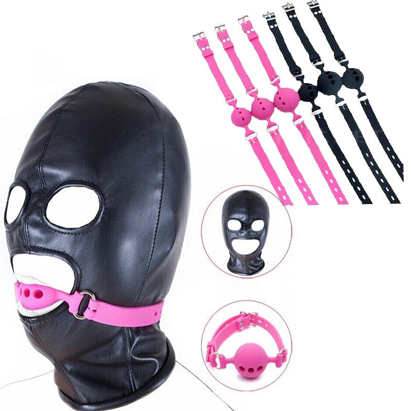 HotX Silicone Breathable Open Mouth Gag PU Leather Head Harness Hood Headgear Restraints Sex Slave Erotic Sex Toys for Couple