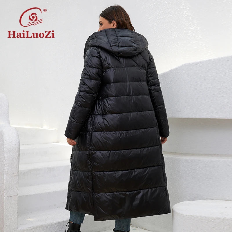 HaiLuoZi  New Winter Women's Jackets Plus Size Mid-length Thick Hood Warm Zipper Belt Classic Casual Women Coat Parkas 6037