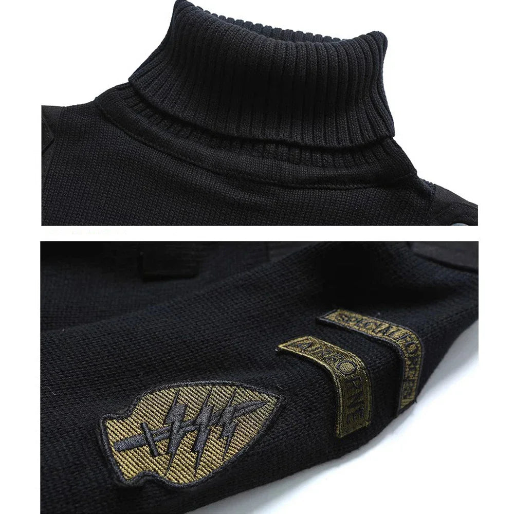 Retro Tactical Turtleneck Knitted Sweater Men Letter Pattern Patchwork Cotton Jumper Outdoor Hiking Loose Military Pullover Male