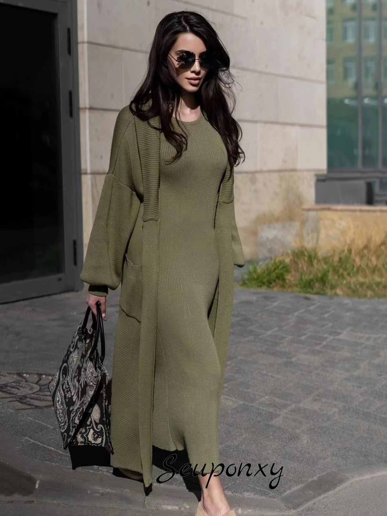 High Quality Women'S Solid Color Knitted Set, Sexy Long Sleeved Loose Long Cardigan Jacket+Sleeveless Dress Casual Two-Piece Set