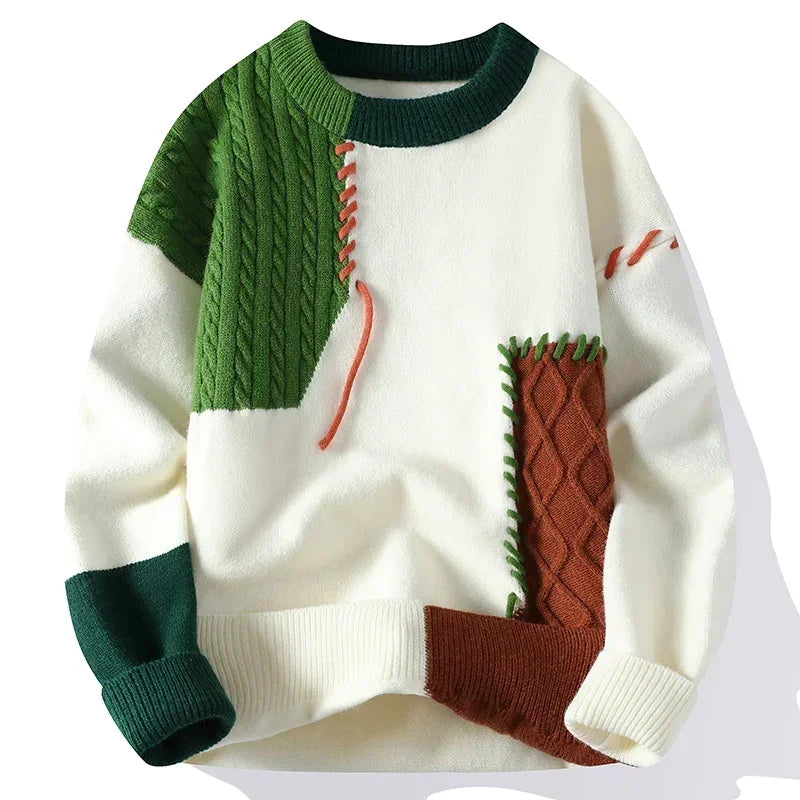 2024 Autumn Winter Warm Sweaters Patchwork Pullovers Korean Style Round Neck Knitted Sweater Men Women Fashion Knitwear