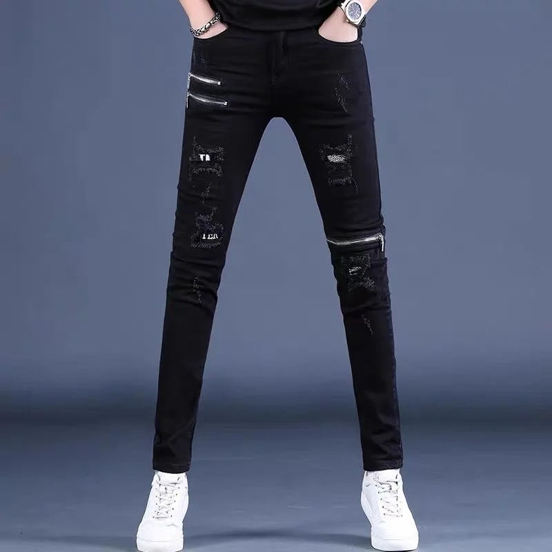 2024 Spring and Autumn Fashion Black Ripped Stretch Jeans Men's Casual Slim Breathable High-Quality Straight Leg Pants 28-36