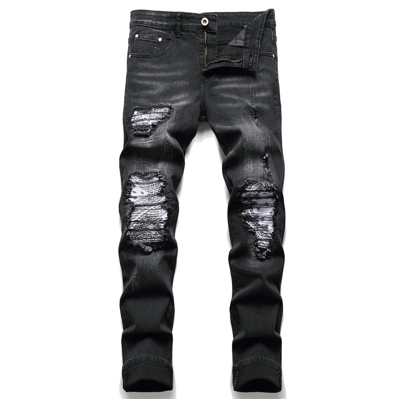 Men Cracked Blue Pleated Patch Biker Jeans Streetwear Holes Ripped Distressed Patchwork Stretch Denim Pants Slim Skinny Trousers