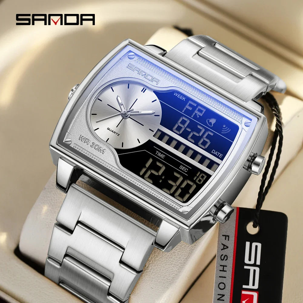 SANDA 6163 Men's Quartz Electronic Square Double Screen Watch Waterproof Countdown Quartz Steel/Leather/Rubber Band Men's Watch