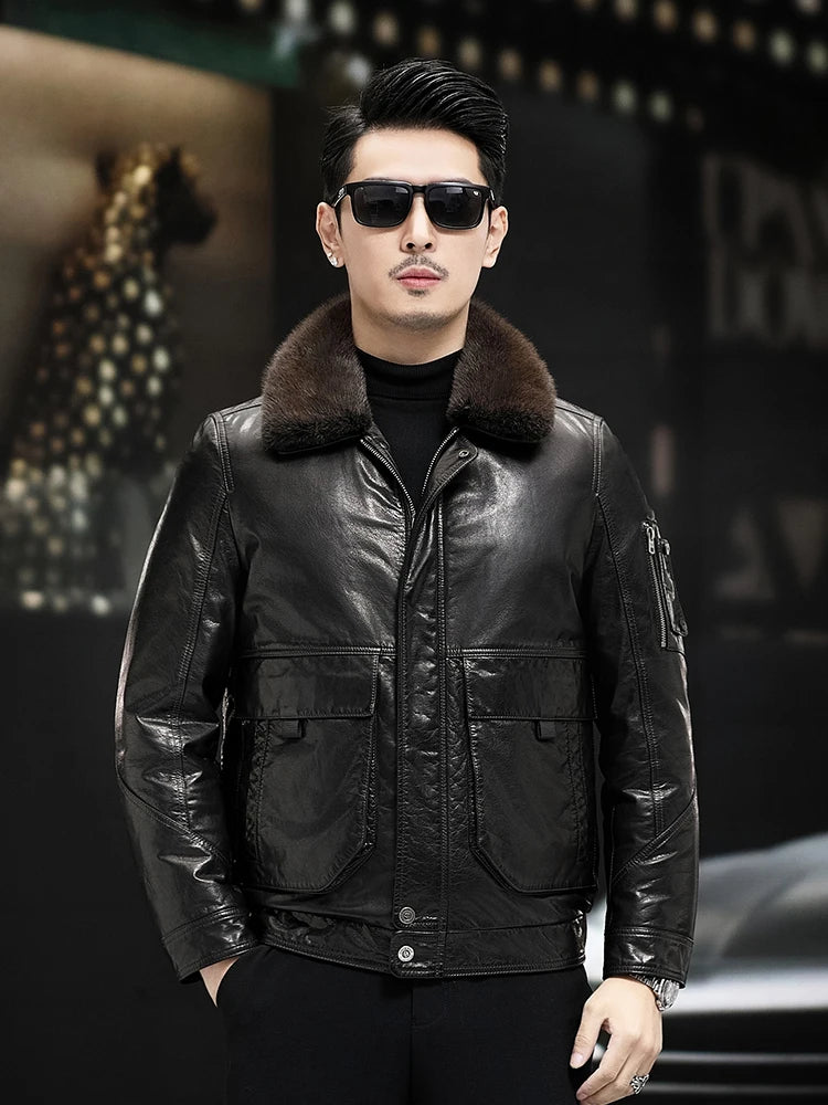 Winter Men Cowhide Genuine Leather Down Jacket Faux Mink Fur Collar Slim Fit Thick Warm Coat Moto Biker White Duck Down Overcoat