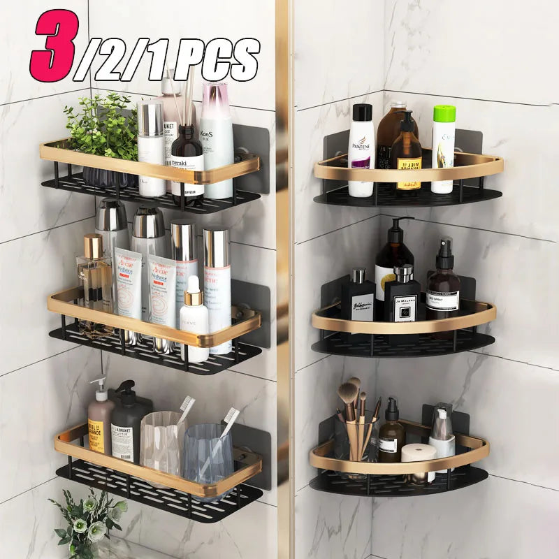 1-3PCS Bathroom Corner Shelf Nail-Free Shower Organizer Wall Mounted Space Aluminum Shelf Bathroom Accessories