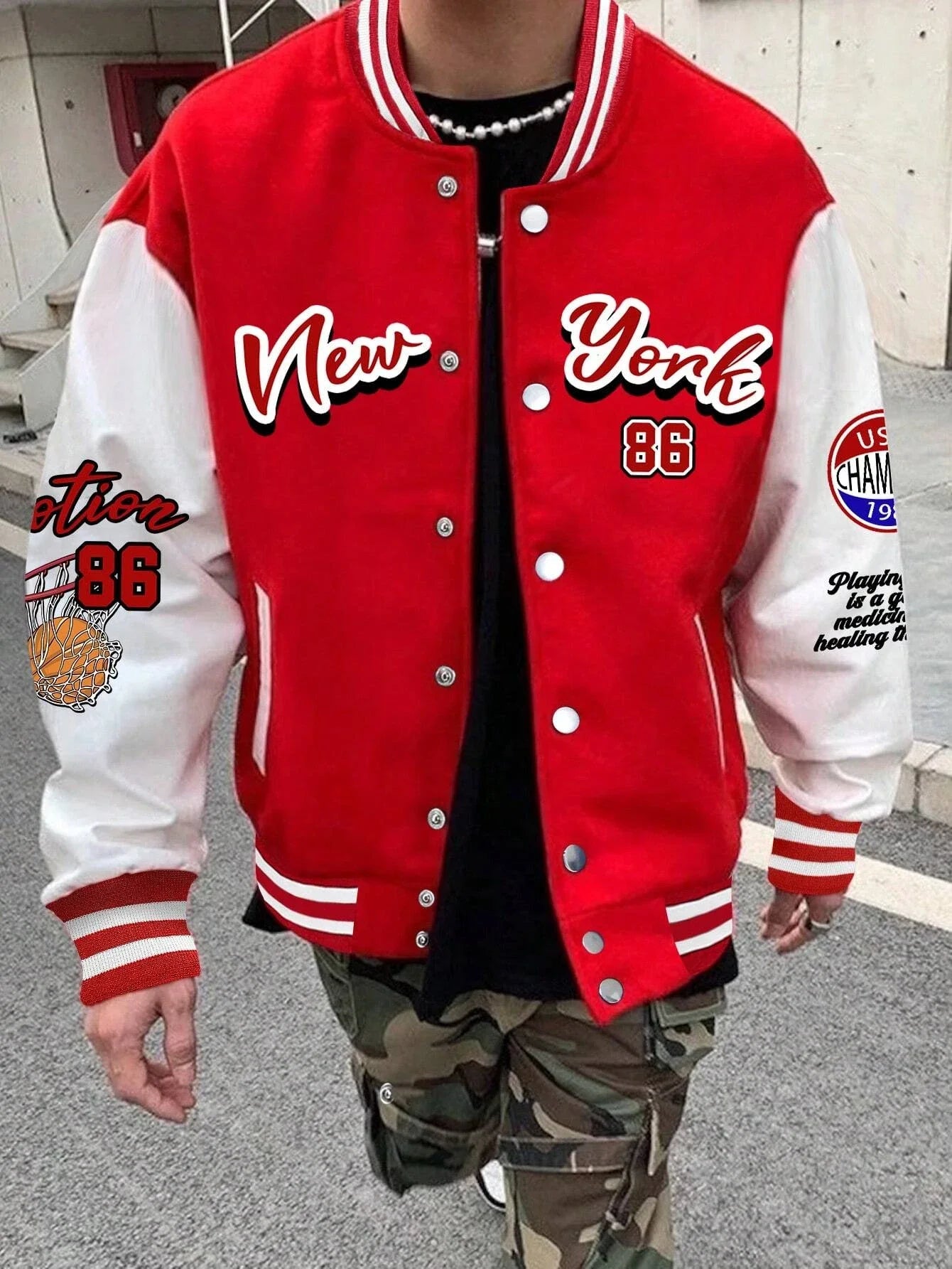 Manfinity EMRG Oversized Men's Drop Shoulder Varsity Jacket with Letter Graphic Striped Trim and Colorblock Design