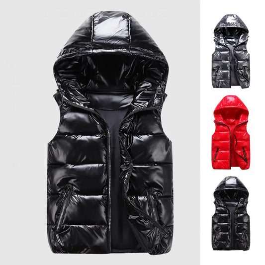 Warm Men Zippered Vest Men's Cotton Hooded Sleeveless Quilted Vest with Zipper Placket Pockets Autumn Winter Solid Color Glossy