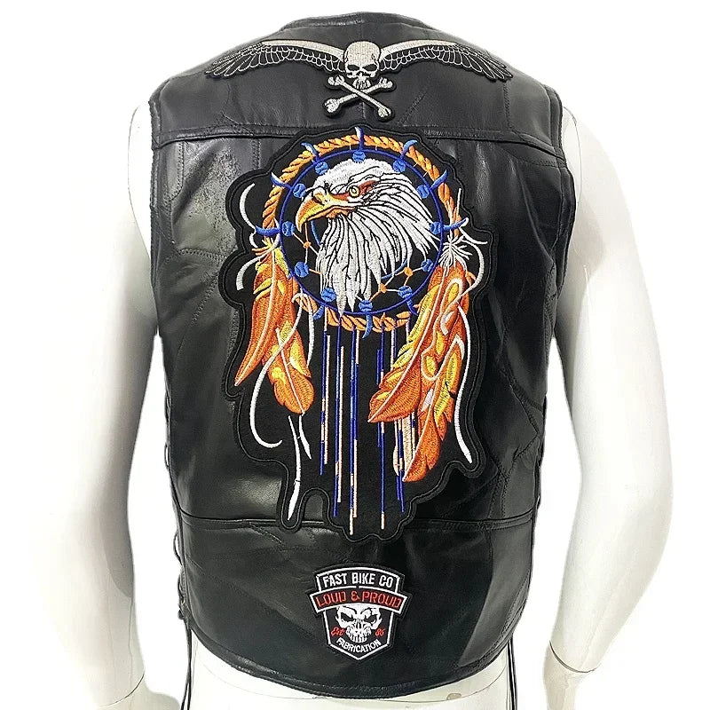 Motorcycle Leather Vest Embroidered Patch Moto Sleeveless Jacket Cycling Casual Street Vest Motorcycle Club Punk Vest