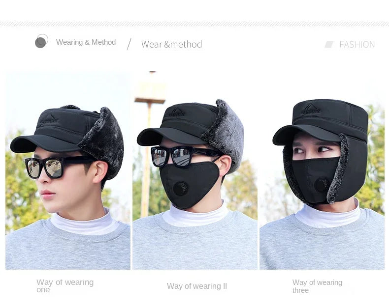 Modische neue Winter-Bombermütze für Herren im Nordosten, Maske, Uschanka, Lei Feng-Mütze, winddicht, warm, dicke Ohrenschützer, flache Kappe