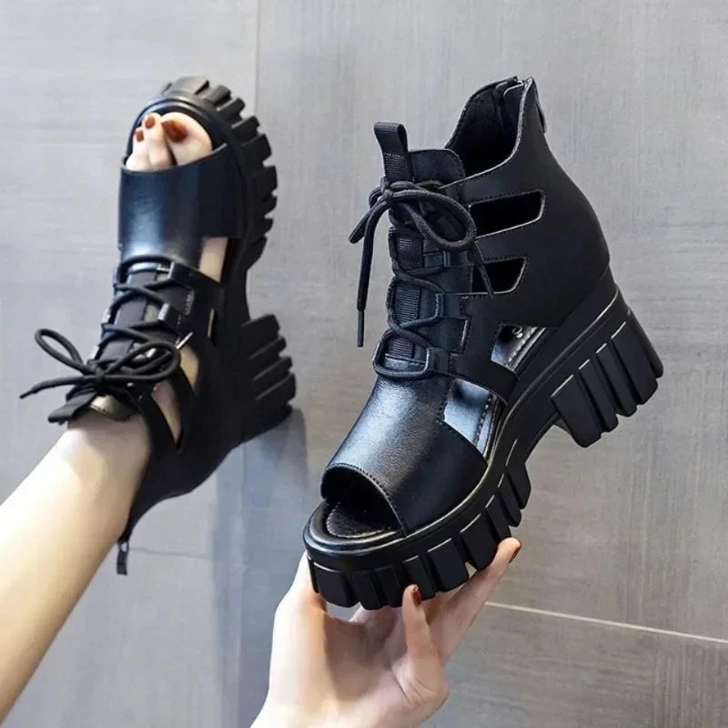 Summer Hollowed-out Breathable Thin Roman Sandals Women New All-match High-heeled Platform Sandals Wedge Platform Shoes