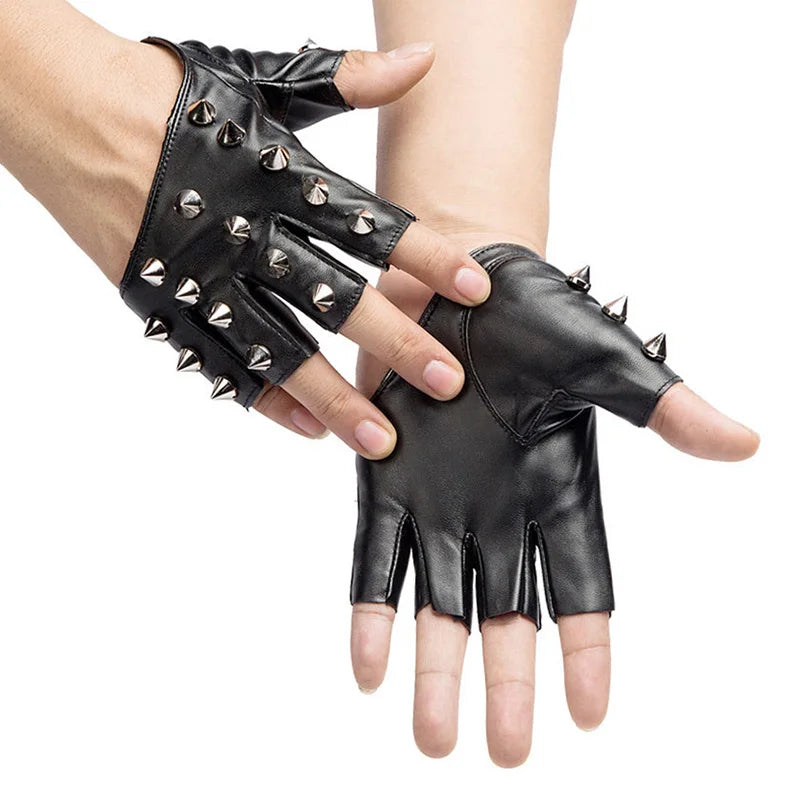 Unisex Nightclub Singer Performance Glove Men Women Half Finger Rivet Punk Party Leather Sport Hip Hop Street Dance Glove I102