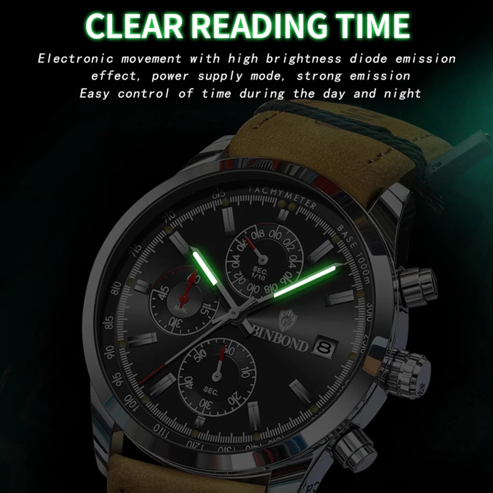 BINBOND Luxury Man Watch High Quality Waterproof Chronograph Luminous Men's Wristwatch Leather Men Quartz Watches Casual Clock