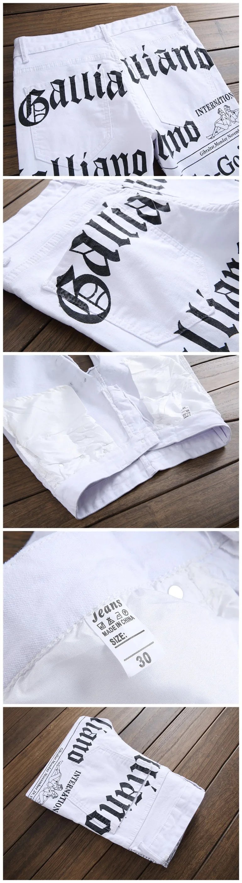 Hole Casual Straight Fashion White New Style Denim Jeans Long whiteTrousers Men's Jeans Denim White Newspaper Printing