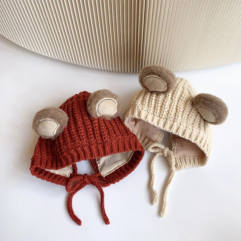 2024 Autumn Winter Newborn Girl Hat Bear Rabbit Ears Knitted Infant Girl Caps Multiple Color Available Lace-up Baby Girl Hats