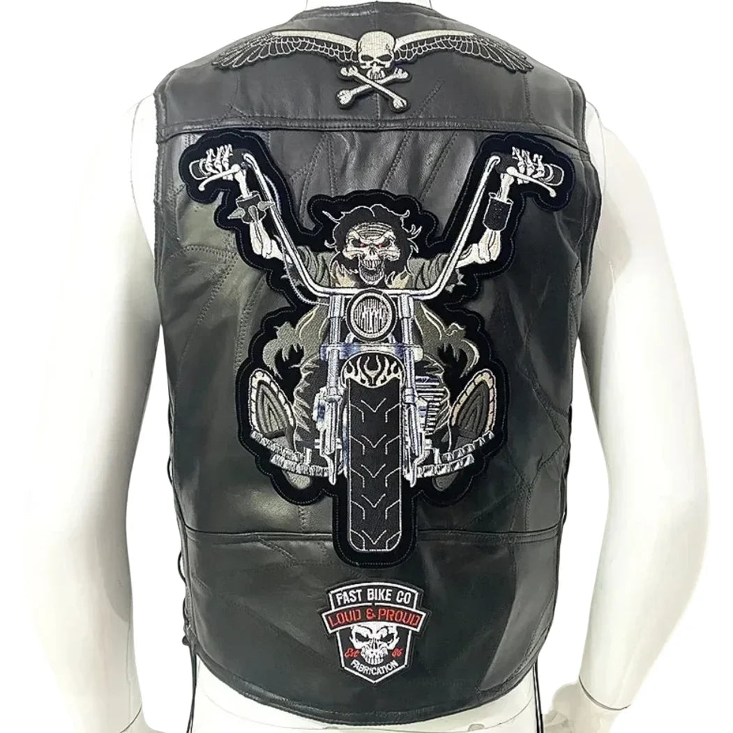 Motorcycle Leather Vest Embroidered Patch Moto Sleeveless Jacket Cycling Casual Street Vest Motorcycle Club Punk Vest