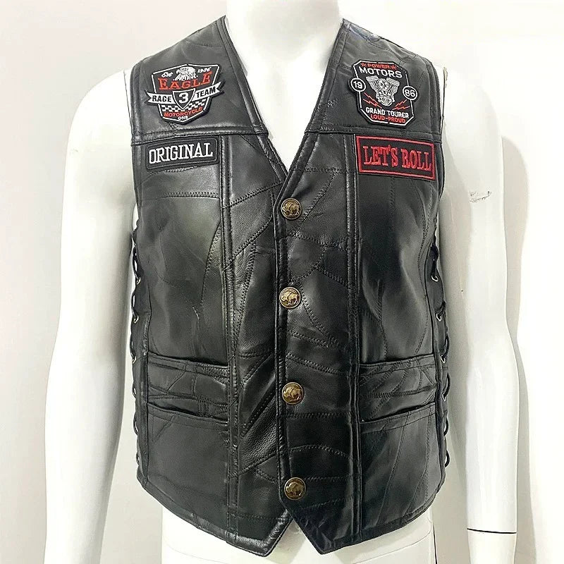 Motorcycle Leather Vest Embroidered Patch Moto Sleeveless Jacket Cycling Casual Street Vest Motorcycle Club Punk Vest