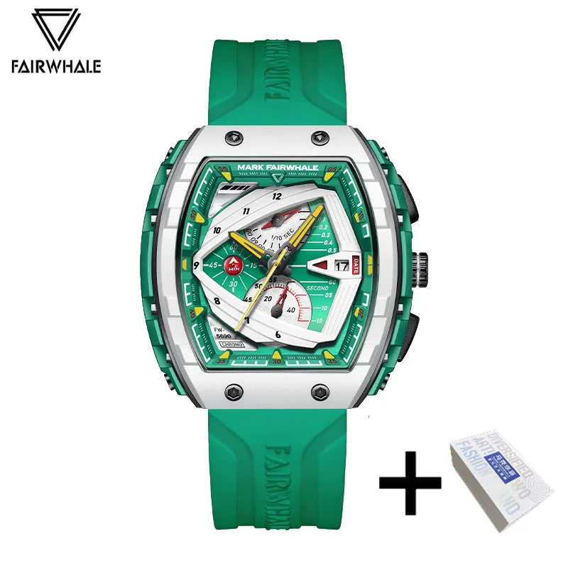 Luxury Watch For Mens Fashion Brand Mark Fairwhale Sports Silicone Strap Quartz Wristwatch Tonneau Green Clocks Boy