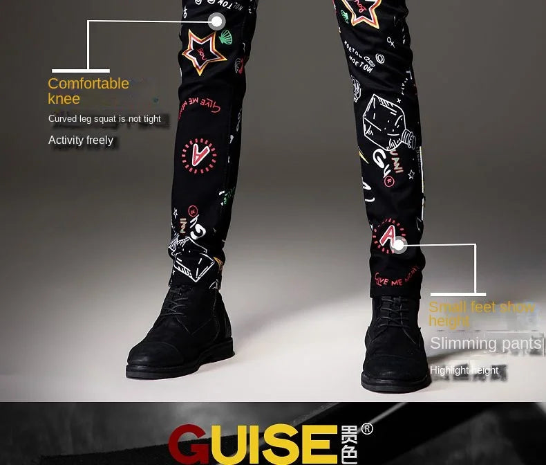 Luxury Mens Denim Pants Hip Hop Graffiti Print Jeans Designer Slim Fit Trendy Black Jeans Stretch Cowboy Cotton Trousers for Men