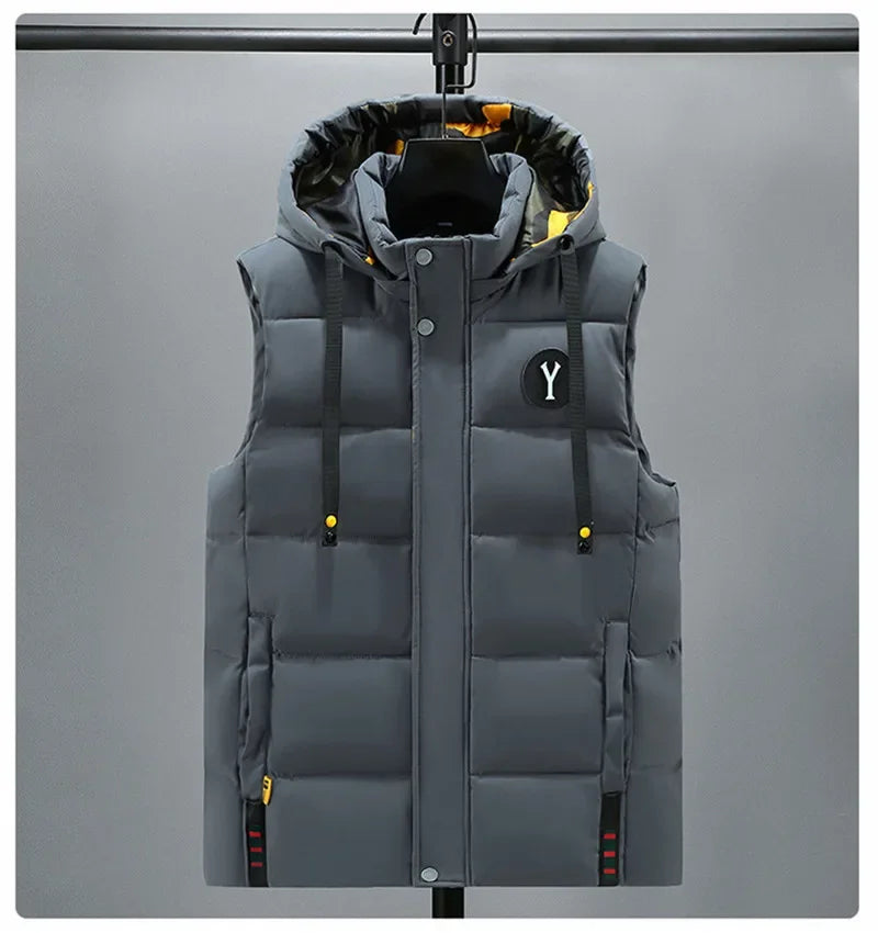 Vest for Men Cotton Warm Sleeveless Coat Hat Detachable Padded Winter Waistcoat Work Wear Male High Quality Clothes 5XL