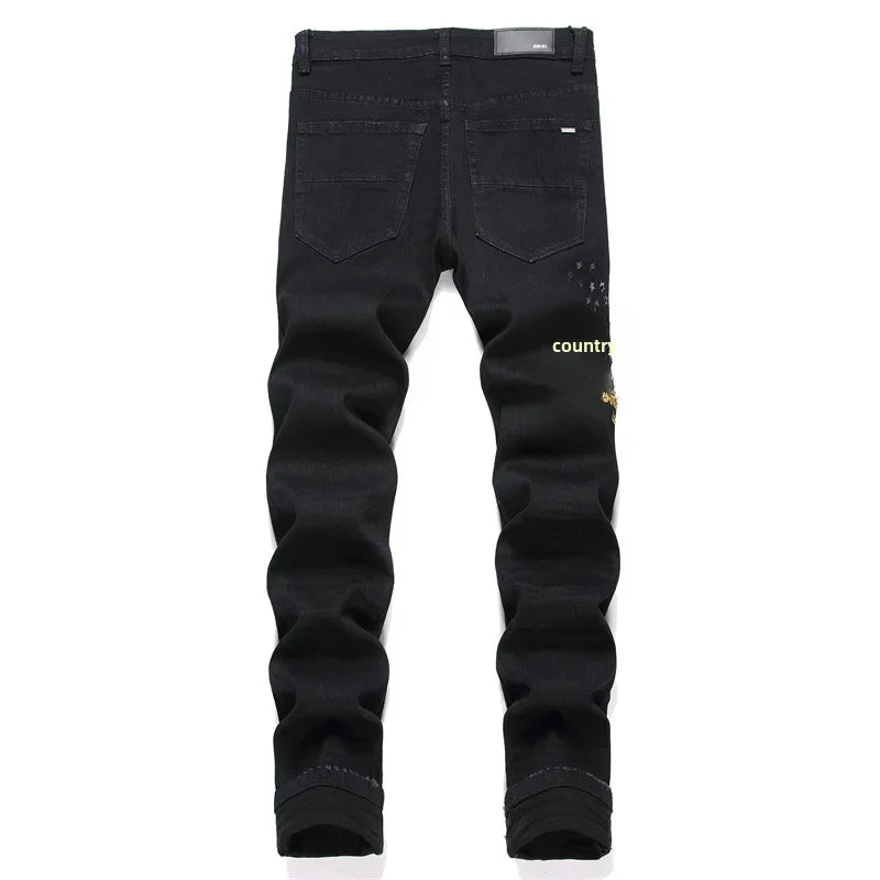 New Fashionable Black Hole Letter Embroidery Elastic Waist Men's Jeans Casual Trendy Style Mid Waist Small Foot Men's Jeans