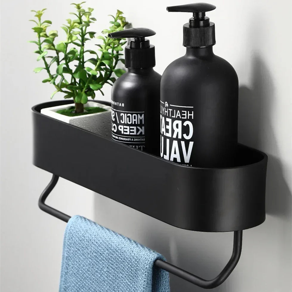 Kitchen Wall Shelves Bathroom Shelf Rack Bath Towel Holder Black Shower Storage Basket Kitchen Organizer Bathroom Accessories