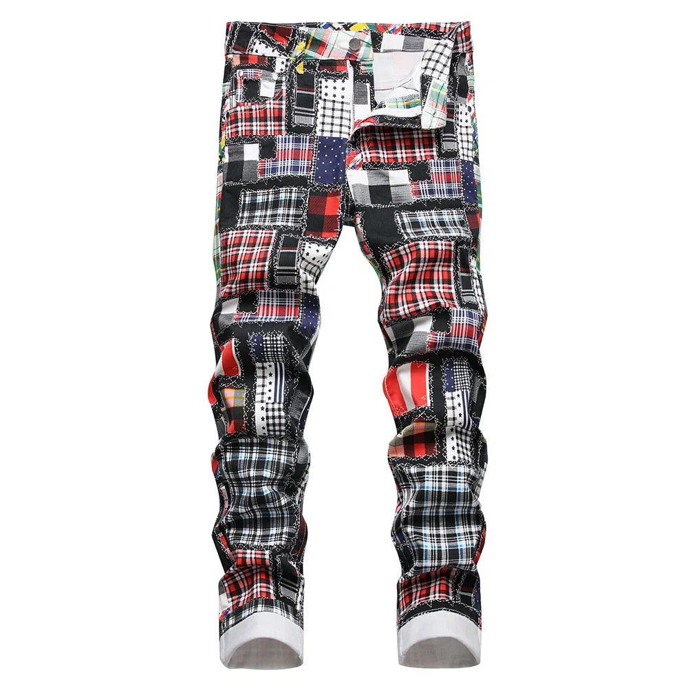 Men Plaid Digital Print Jeans Fashion Patches Patchwork Stretch Denim Pants Slim Straight Trousers