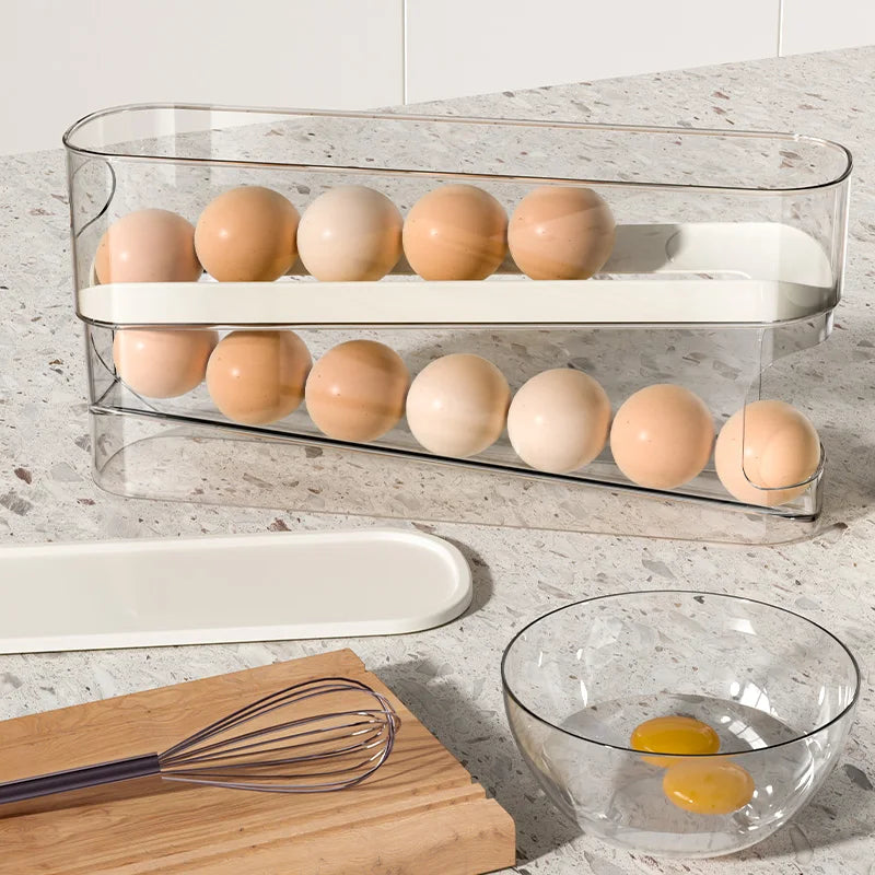 Egg Storage Rack, Double-Layer Automatic Rolling Egg Box, Kitchen Refrigerator Storage Box, Transparent Preservation Box