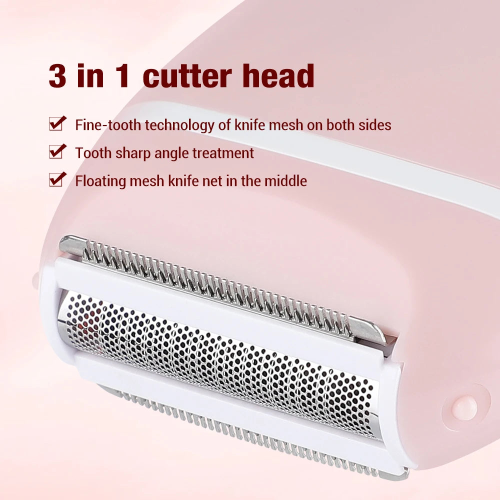 Portable Electric Hair Removal Epilator Women Cordless Wet/Dry Permanent Painless Face Body Hair Pink Trimmer Detachable Head