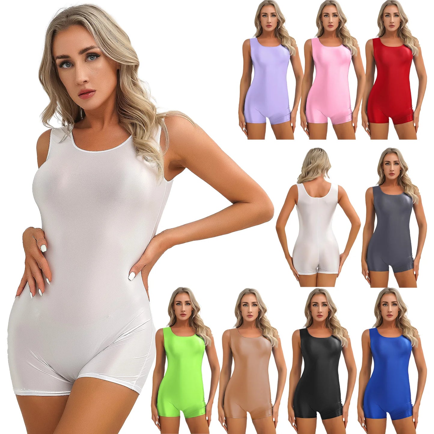 Women Glossy Sleeveless Gymnastics Yoga Sport Boyleg Bodysuit Pilates Aerobics Dance Leotard Gym Bodybuilding Workout Playwear