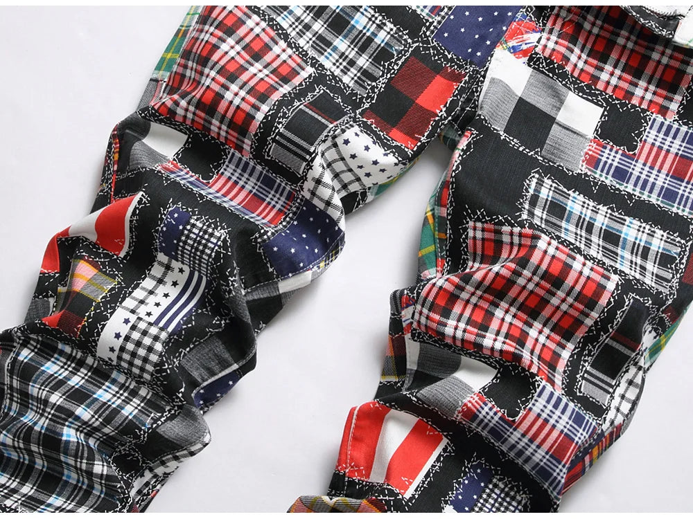 Men Plaid Digital Print Jeans Fashion Patches Patchwork Stretch Denim Pants Slim Straight Trousers