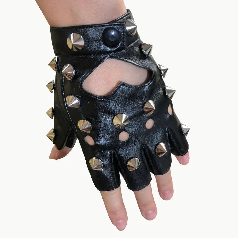 Unisex Nightclub Singer Performance Glove Men Women Half Finger Rivet Punk Party Leather Sport Hip Hop Street Dance Glove I102